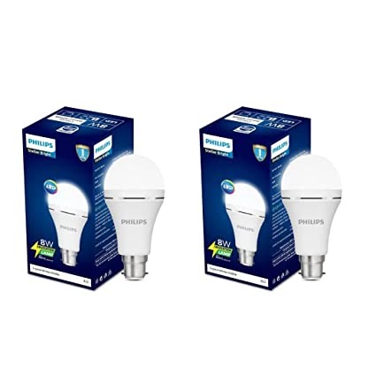 PHILIPS Stellar Bright Rechargeable Emergency Inverter LED Bulb, B22 8-Watt-Crystal White(Pack of 2)