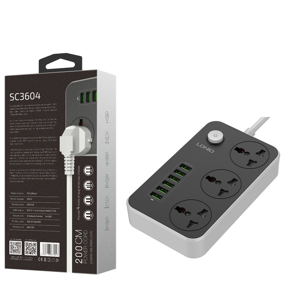 LDNIO SC3604 3 Port + 6 USB Universal Power Socket