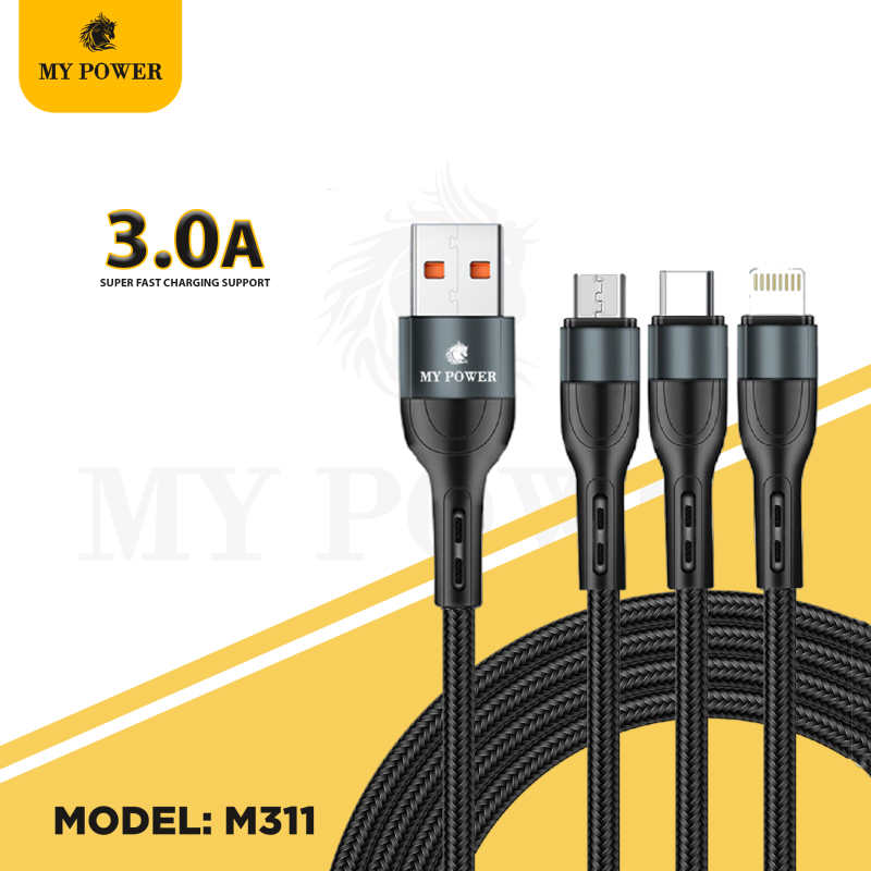 MY Power 3 in 1 Multi Charging Cable Compatible With Most Smartphones USB to Type c , USB to Micro, USB to Lightning , Black Colour M311 Converter