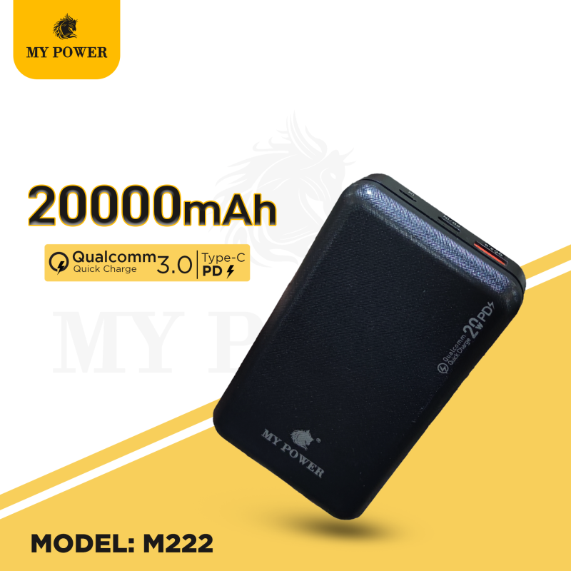 Mypower 20000mah M222 Powerbank, Fast Charging Q.C 3.0 PD Powerbank 20Watt with USB C Quick Charge 3.0 for iPhone X/XS/Max/XR / 11/10, iPad, Samsung Galaxy S10 / S9, Mi, Vivo, Realme, My Power Type C