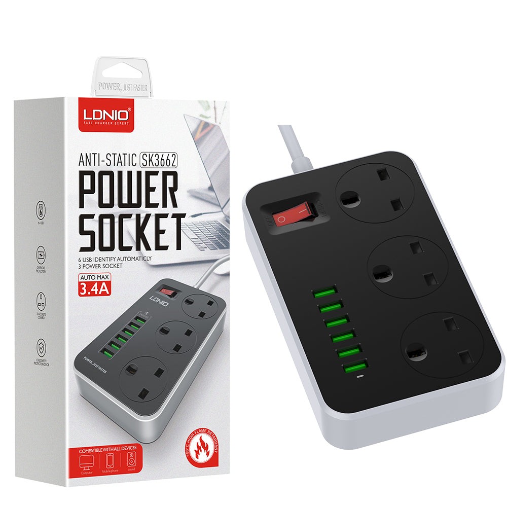 LDNIO SK3662 3 Port + 6 USB Power Socket